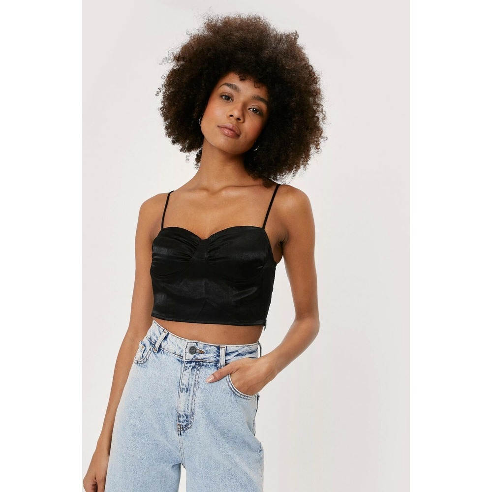 Nasty Gal‎ Black Satin Bustier Crop Top Sweetheart Spaghetti Strap Side Zip S